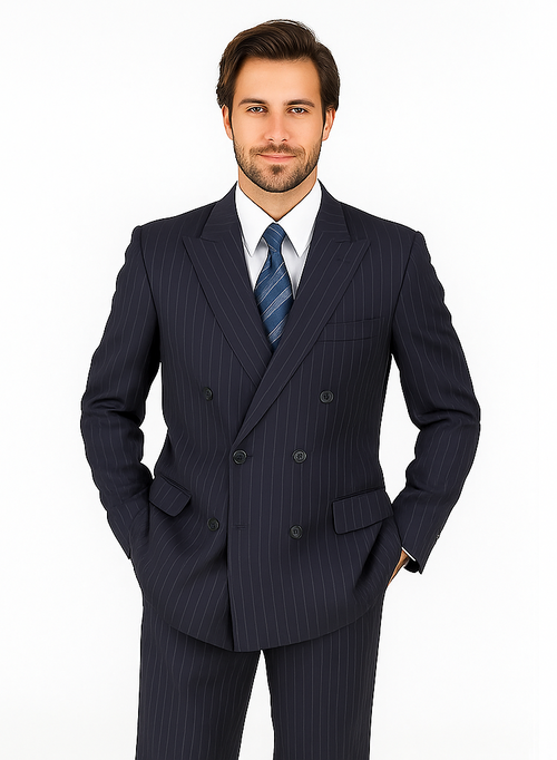 Men's Double Breasted Suits Dark Navy Blue Suit For Men with Smooth Stripe ~ Pinstripe Suit With Side Vent Jacket Pleated Pants