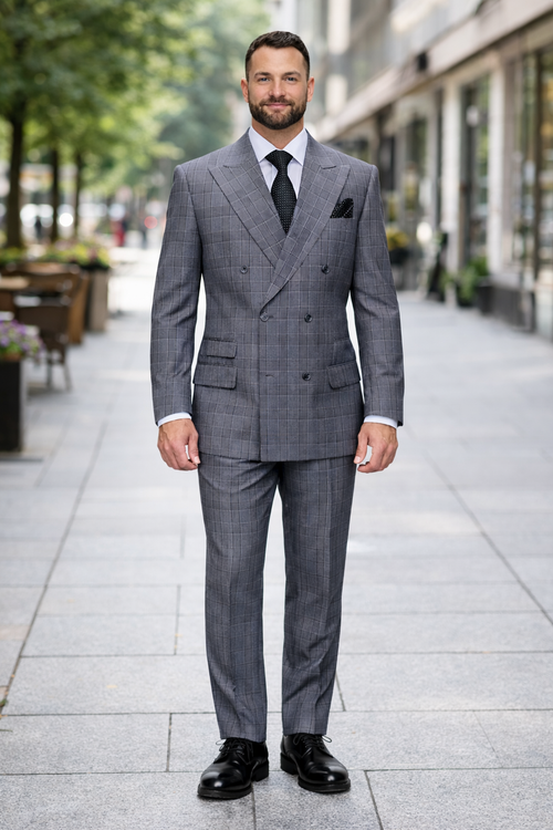 Mens Double Breasted Wool Suit Grey Plaid Regular Fit Black Gray USA Men's Outlet