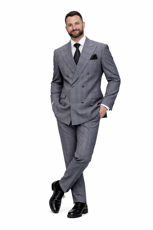 Mens Double Breasted Wool Suit Grey Plaid Regular Fit Black Gray USA Men's Outlet