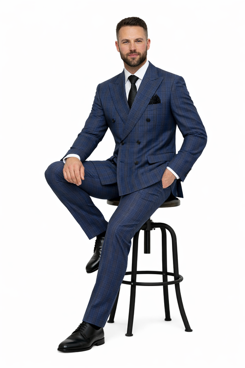 Mens Double Breasted Wool Suit Grey Plaid Regular Fit Sapphire