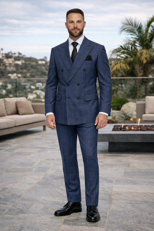 Mens Double Breasted Wool Suit Grey Plaid Regular Fit Sapphire