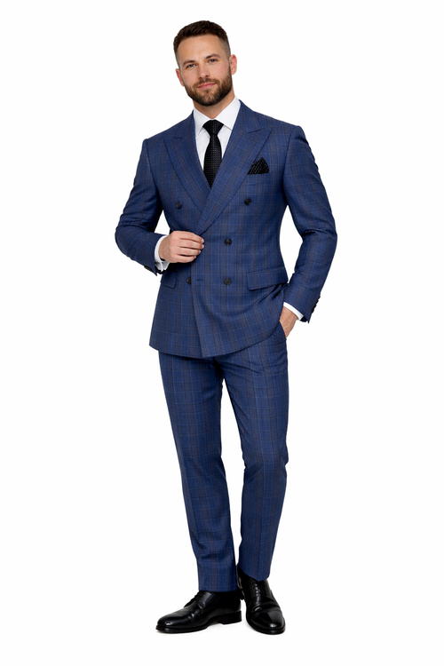Mens Double Breasted Wool Suit Grey Plaid Regular Fit Sapphire