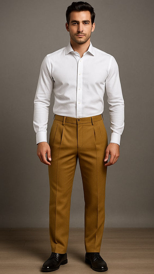 Mens Double Pleated Trousers - Double Pleated Dress Pants - Slacks Gold
