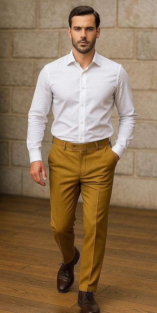 Mens Double Pleated Trousers - Double Pleated Dress Pants - Slacks Gold