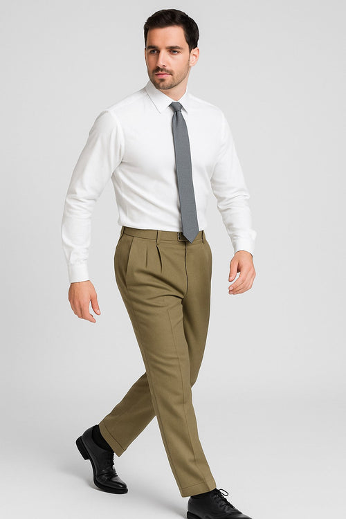 Mens Double Pleated Trousers - Double Pleated Dress Pants - Slacks Beige