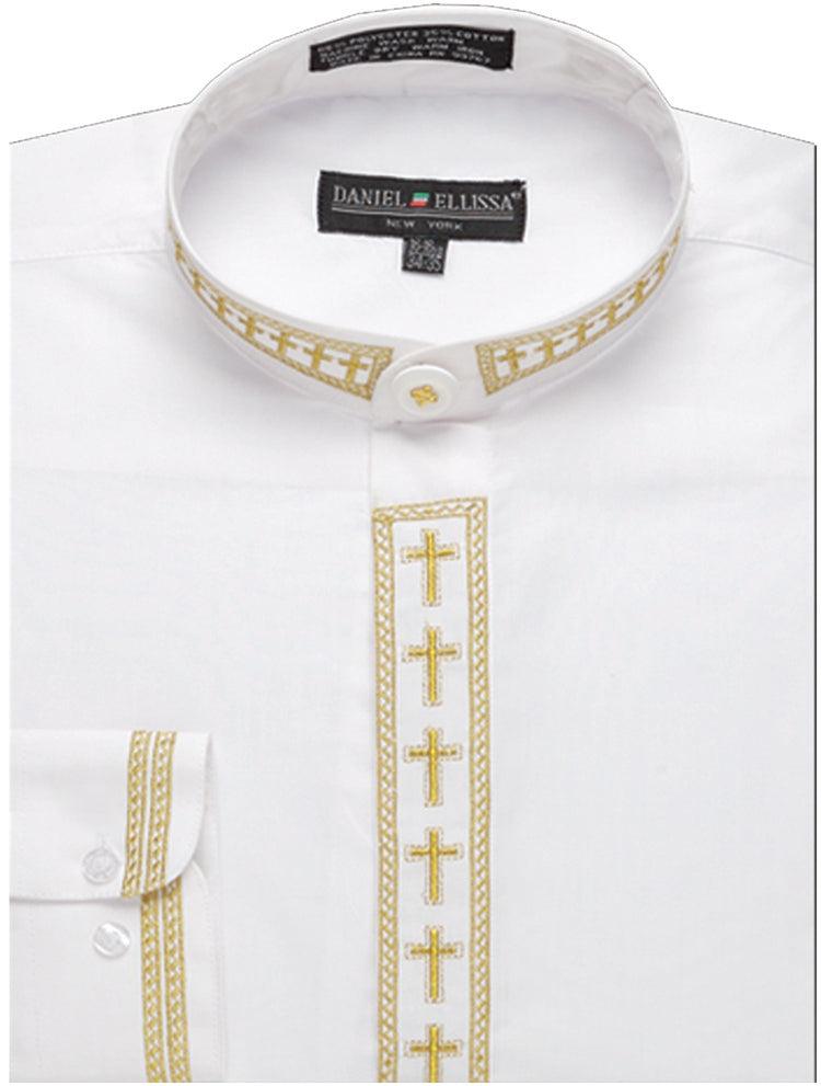 Mens' Embroidered Banded Collar Dress Shirt - Daniel Ellissa White & Gold - USA Men's Outlet – SuitUSA