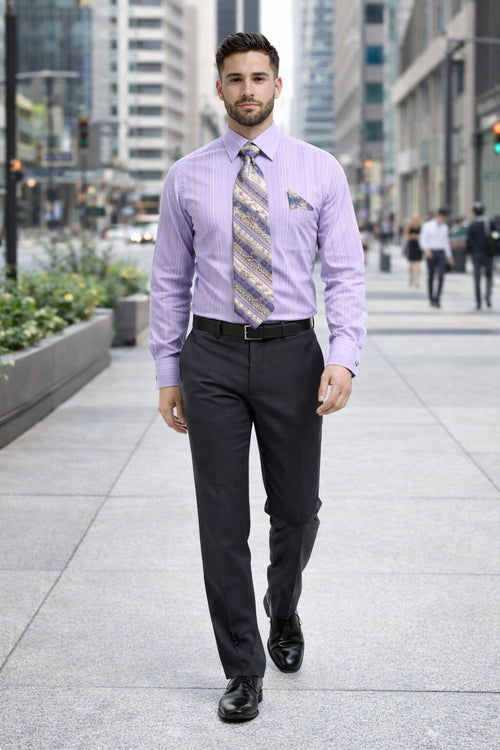 Daniel Ellissa Men's Lavender Tonal Stripe Dress Shirt, Tie & Hanky Set