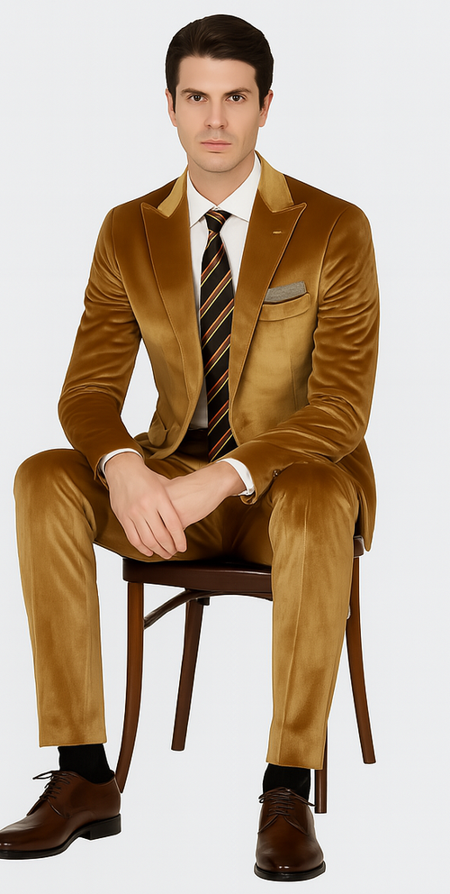 Gold Velvet Suit for Men – Tazzio 2-Piece Slim Fit Peak Lapel Formal Set