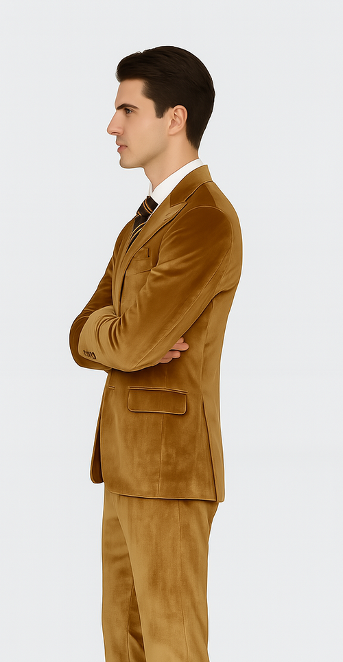 Gold Velvet Suit for Men – Tazzio 2-Piece Slim Fit Peak Lapel Formal Set
