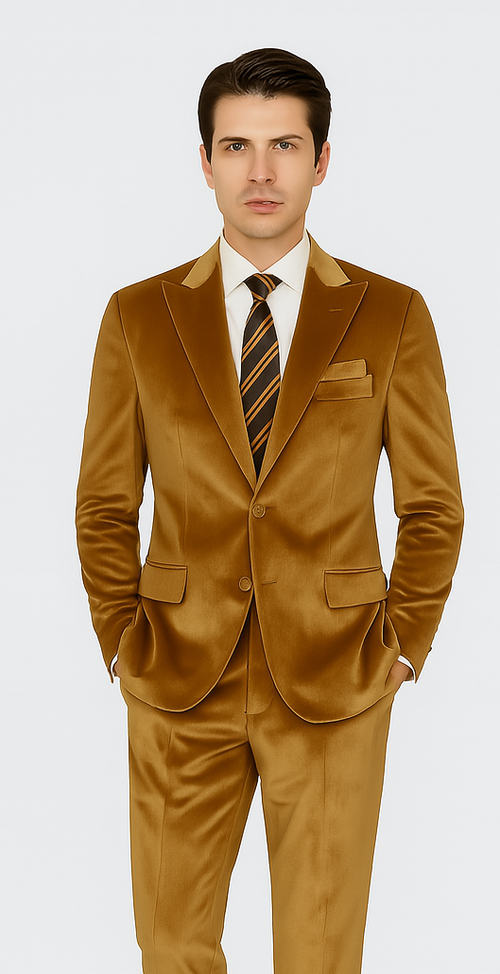 Gold Velvet Suit for Men – Tazzio 2-Piece Slim Fit Peak Lapel Formal Set