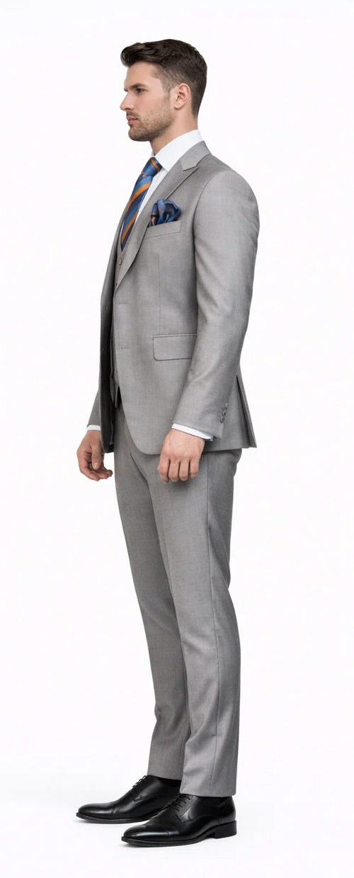 Men’s Gray Slim Fit 3-Piece Suit by Rossiman - With Vest & Tailored Trousers - Italian-Inspired Modern Elegance - USA Men's Outlet