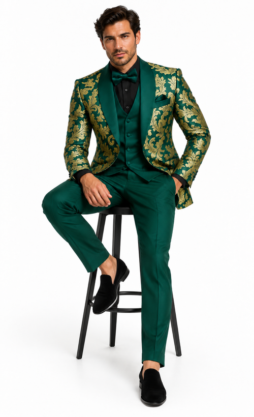 Mens Green and Gold Embroidered Tuxedo - 3-Piece Prom Suit by USA Men's Outlet