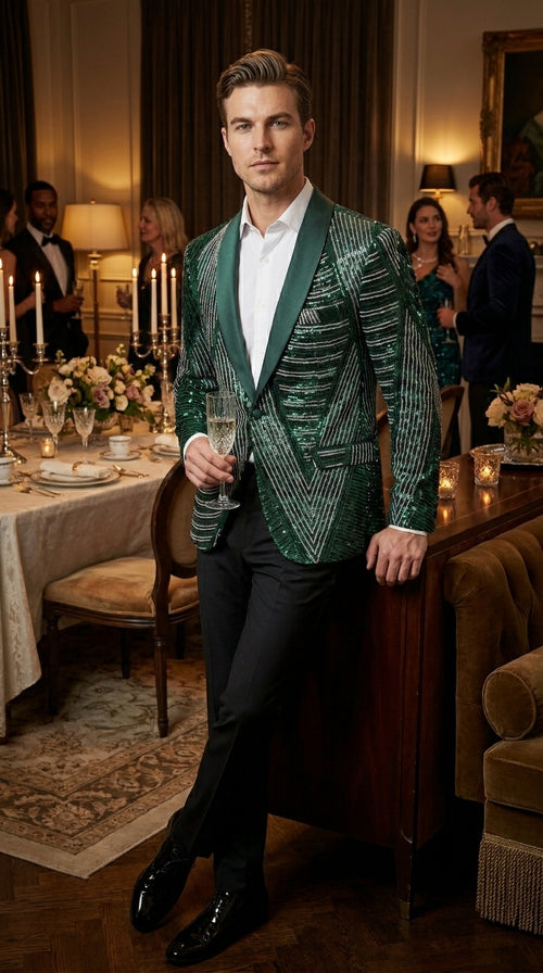 Mens Green Sequin Christmas Holiday Blazer β Luxury Party Jacket for New Year, Wedding and Festive Events New Year Jacket