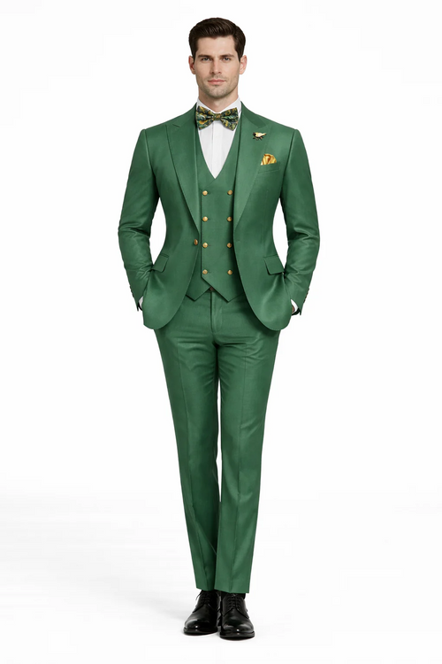 Men’s Green Slim Fit Suit by Rossiman - Stylish Double-Breasted Vest & Flat Front Pants - Italian Tailored 3-Piece Luxury Suit USA Men's Outlet