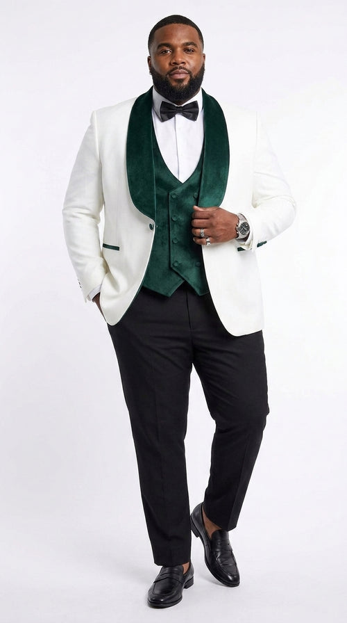 Mens Green & White Tuxedo with Black Pants – Velvet Shawl Lapel 3-Piece Wedding Suit