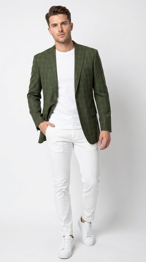 Mens Green Windowpane Blazer β Two-Button Plaid Sport Coat for Weddings, Business and Modern Fit