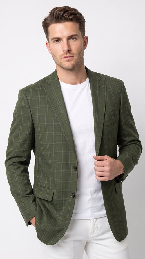 Mens Green Windowpane Blazer β Two-Button Plaid Sport Coat for Weddings, Business and Modern Fit