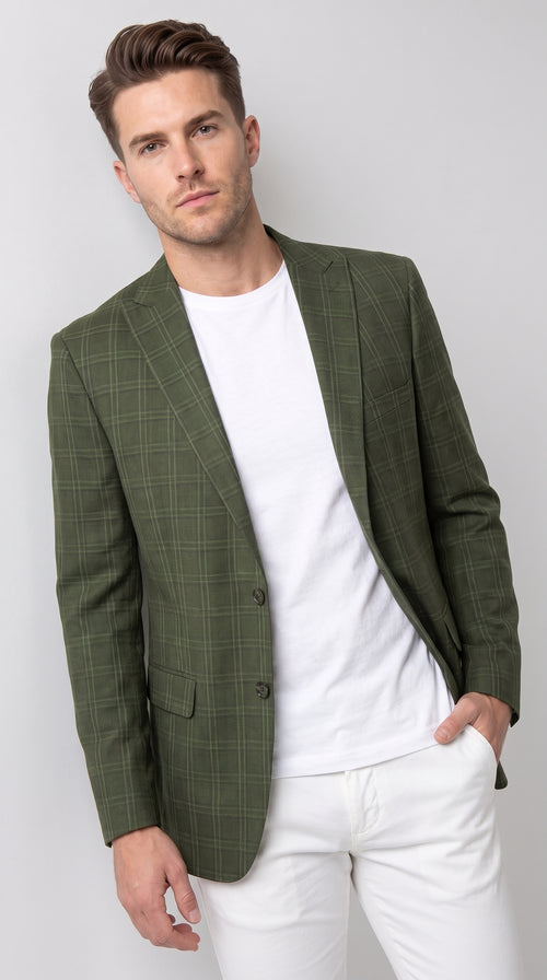 Mens Green Windowpane Blazer β Two-Button Plaid Sport Coat for Weddings, Business and Modern Fit