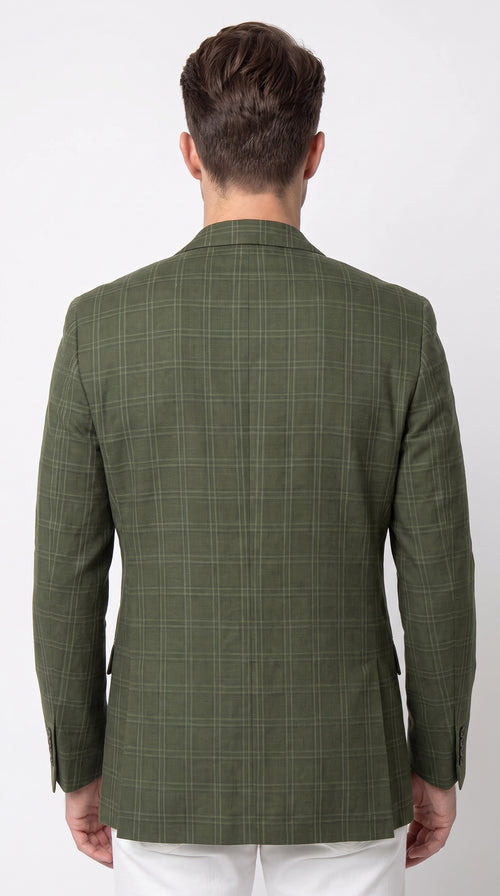 Mens Green Windowpane Blazer β Two-Button Plaid Sport Coat for Weddings, Business and Modern Fit