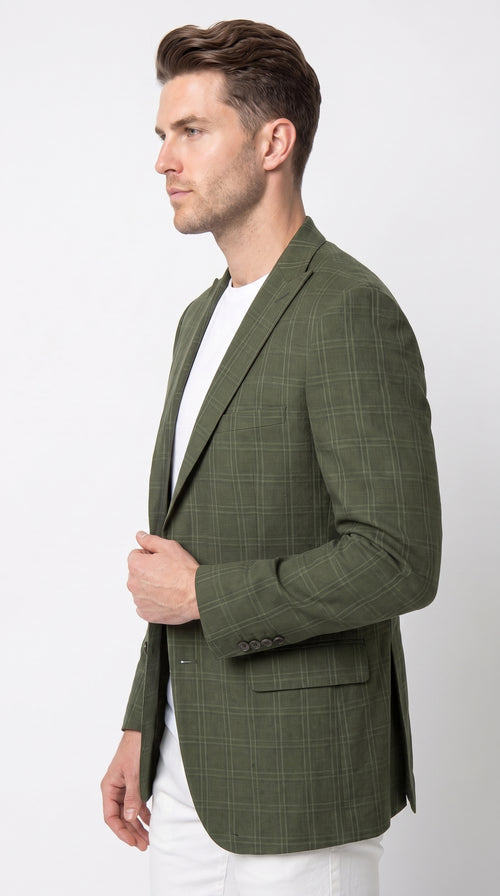 Mens Green Windowpane Blazer β Two-Button Plaid Sport Coat for Weddings, Business and Modern Fit