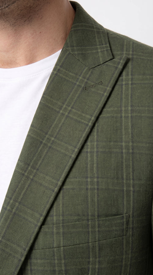 Mens Green Windowpane Blazer β Two-Button Plaid Sport Coat for Weddings, Business and Modern Fit
