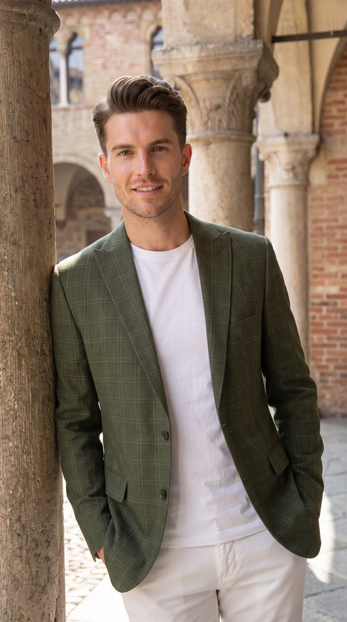 Mens Green Windowpane Blazer β Two-Button Plaid Sport Coat for Weddings, Business and Modern Fit