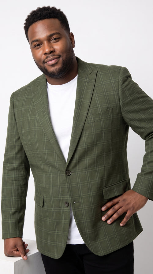 Mens Green Windowpane Blazer β Two-Button Plaid Sport Coat for Weddings, Business and Modern Fit