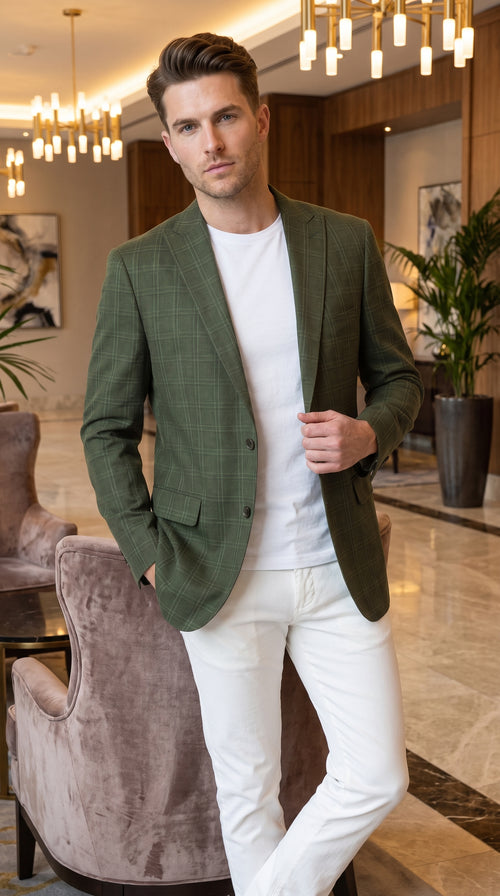 Mens Green Windowpane Blazer β Two-Button Plaid Sport Coat for Weddings, Business and Modern Fit