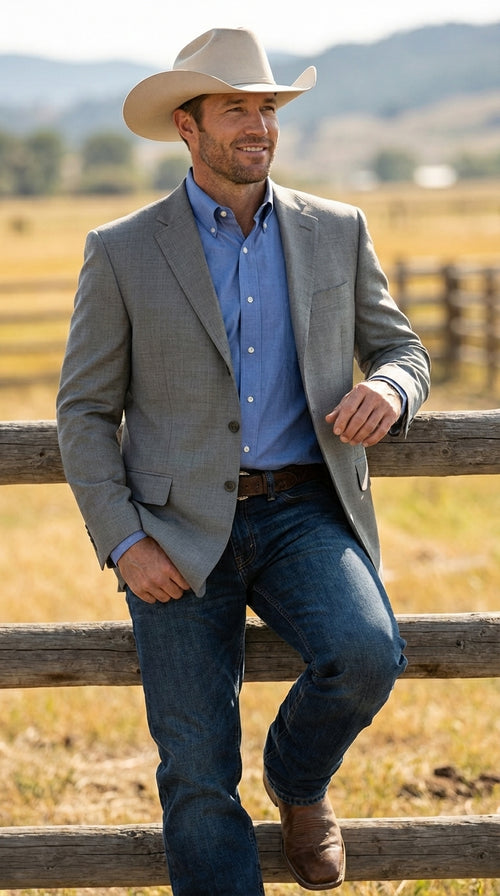 Mens Grey Western Three Button Blazer β Classic Cowboy Style Formal Jacket Business Casual Sport Coat