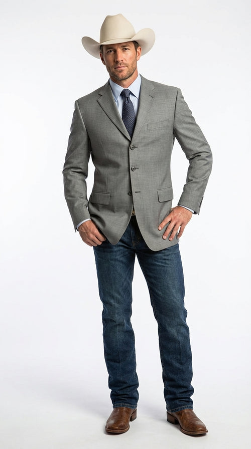Mens Grey Western Three Button Blazer β Classic Cowboy Style Formal Jacket Business Casual Sport Coat