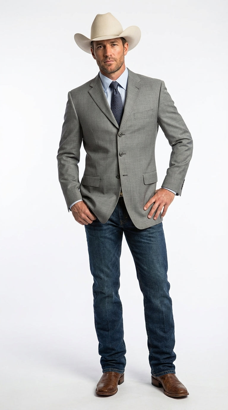 Mens Grey Western Three Button Blazer β Classic Cowboy Style Formal Jacket Business Casual Sport Coat