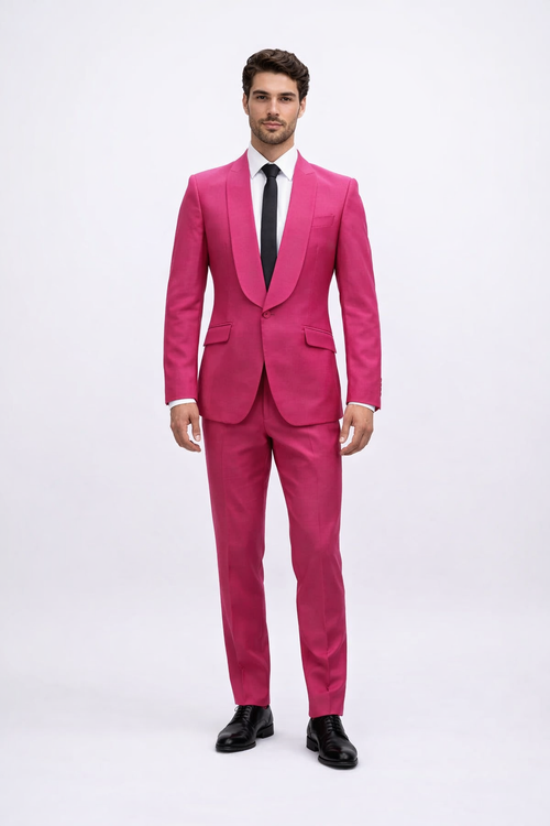 Mens Hot Pink Tuxedo Dinner Jacket + Pants with Shawl Lapel – Slim Fit 2-Piece Suit for Weddings, Proms Suit in Fuchsia Color