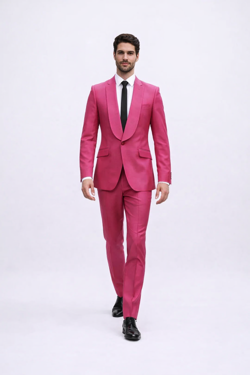 Mens Hot Pink Tuxedo Dinner Jacket + Pants with Shawl Lapel – Slim Fit 2-Piece Suit for Weddings, Proms Suit in Fuchsia Color