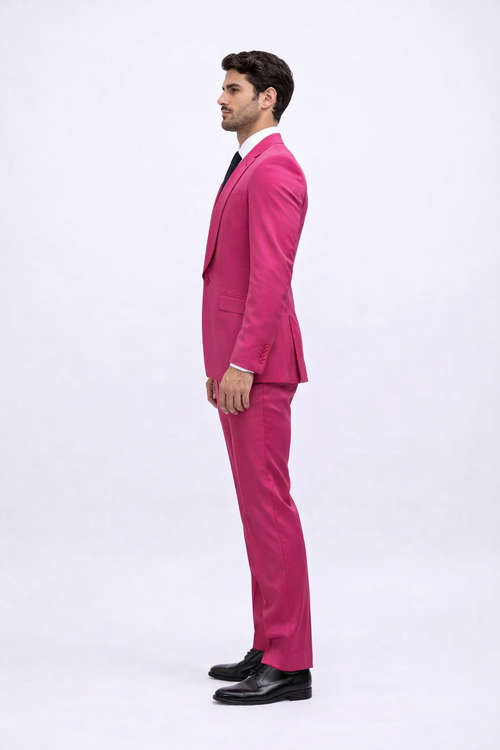 Mens Hot Pink Tuxedo Dinner Jacket + Pants with Shawl Lapel – Slim Fit 2-Piece Suit for Weddings, Proms Suit in Fuchsia Color