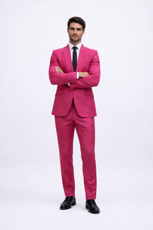Mens Hot Pink Tuxedo Dinner Jacket + Pants with Shawl Lapel – Slim Fit 2-Piece Suit for Weddings, Proms Suit in Fuchsia Color