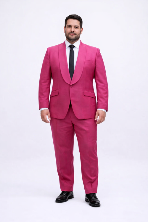 Mens Hot Pink Tuxedo Dinner Jacket + Pants with Shawl Lapel – Slim Fit 2-Piece Suit for Weddings, Proms Suit in Fuchsia Color