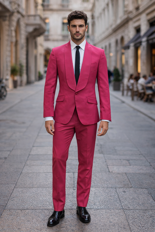 Mens Hot Pink Tuxedo Dinner Jacket + Pants with Shawl Lapel – Slim Fit 2-Piece Suit for Weddings, Proms Suit in Fuchsia Color