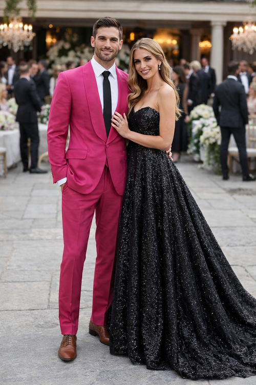 Mens Hot Pink Tuxedo Dinner Jacket + Pants with Shawl Lapel – Slim Fit 2-Piece Suit for Weddings, Proms Suit in Fuchsia Color