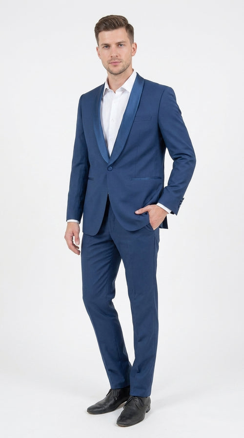 Mens Indigo Cobalt Blue Light Royal Blue Tuxedo Suit β Satin Shawl Lapel Wedding, Prom and Formal 2-Piece Suit