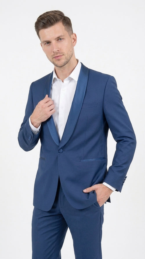 Mens Indigo Cobalt Blue Light Royal Blue Tuxedo Suit β Satin Shawl Lapel Wedding, Prom and Formal 2-Piece Suit
