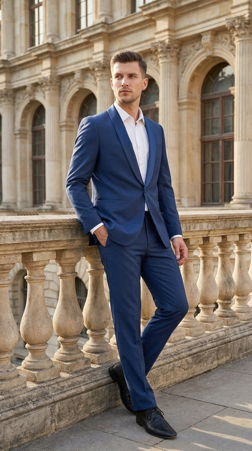 Mens Indigo Cobalt Blue Light Royal Blue Tuxedo Suit β Satin Shawl Lapel Wedding, Prom and Formal 2-Piece Suit