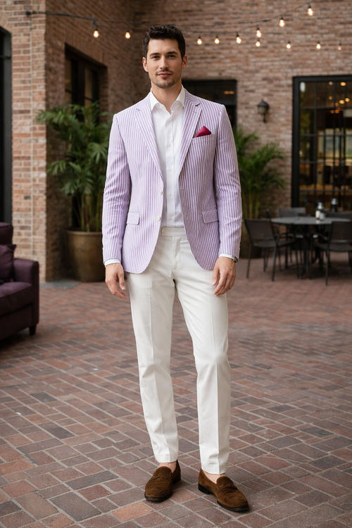 Mens Italian Lavender Seersucker Blazer - Lightweight Summer Striped Suit Jacket by USA Men's Outlet