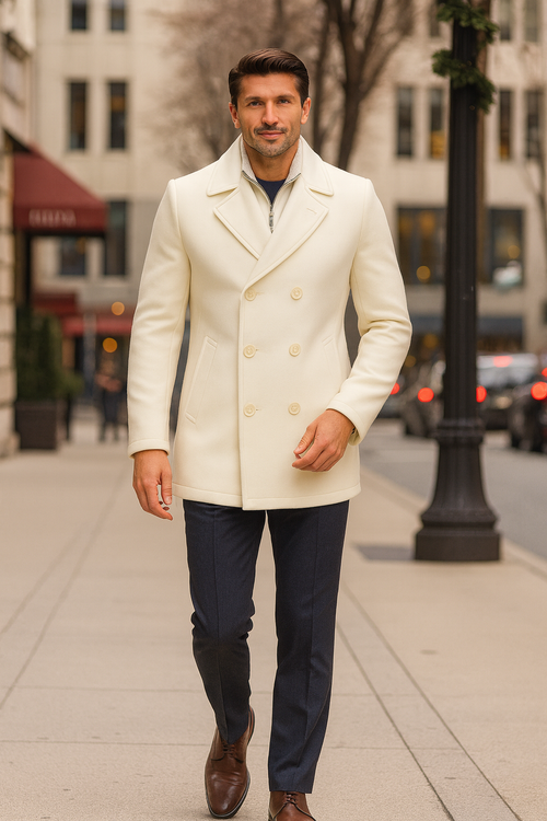 Cream Color Pea Coat - Ivory Double Breasted Wool Coat - Off White Car Coats