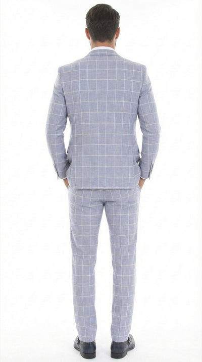 Mens Light Blue Plaid Three Piece Suit – Windowpane Check Wedding and Business Formal Suit Set