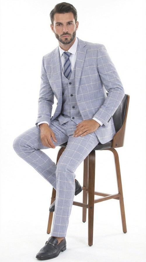 Mens Light Blue Plaid Three Piece Suit β Windowpane Check Wedding and Business Formal Suit Set
