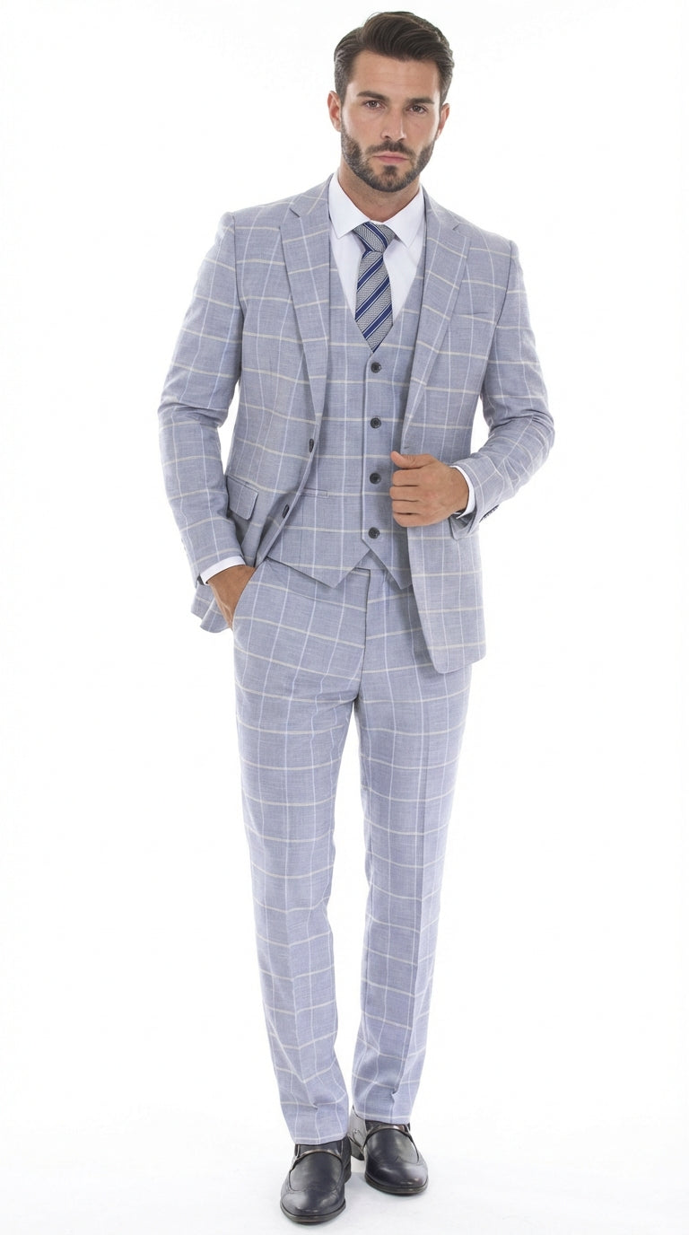 Mens Light Blue Plaid Three Piece Suit β Windowpane Check Wedding and Business Formal Suit Set