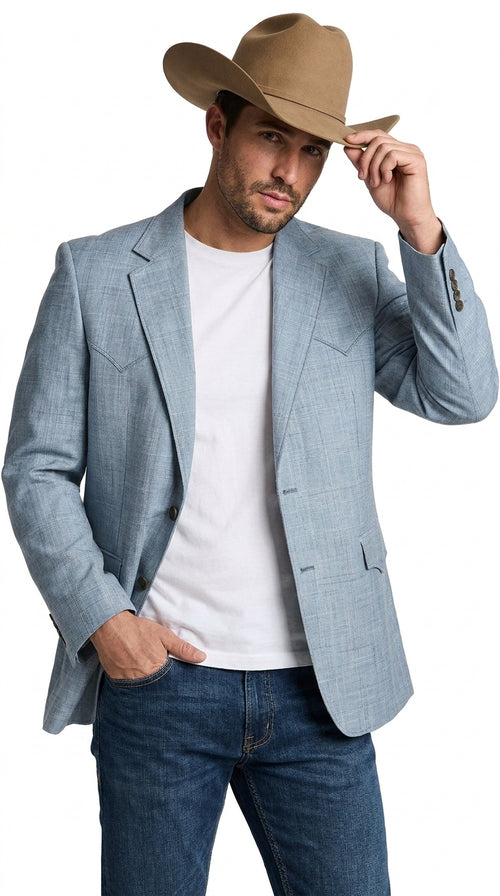 Mens Light Blue Western Blazer β Classic Cowboy Sport Coat with Western Yoke Design