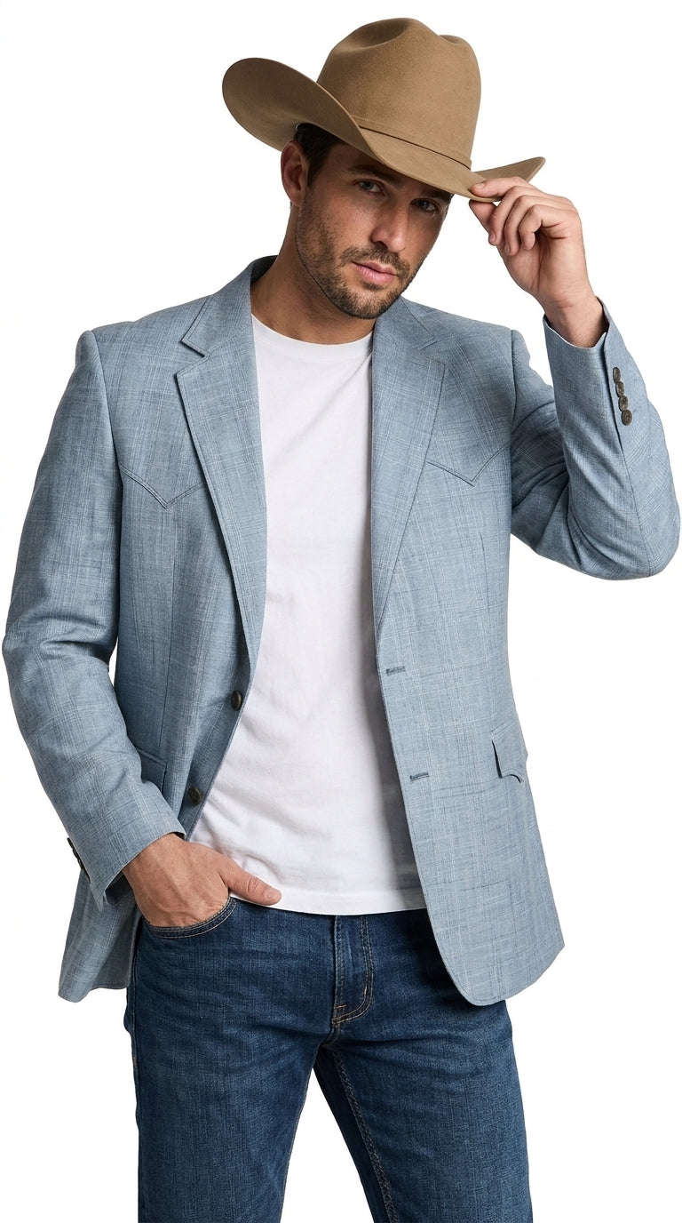Mens Light Blue Western Blazer β Classic Cowboy Sport Coat with Western Yoke Design