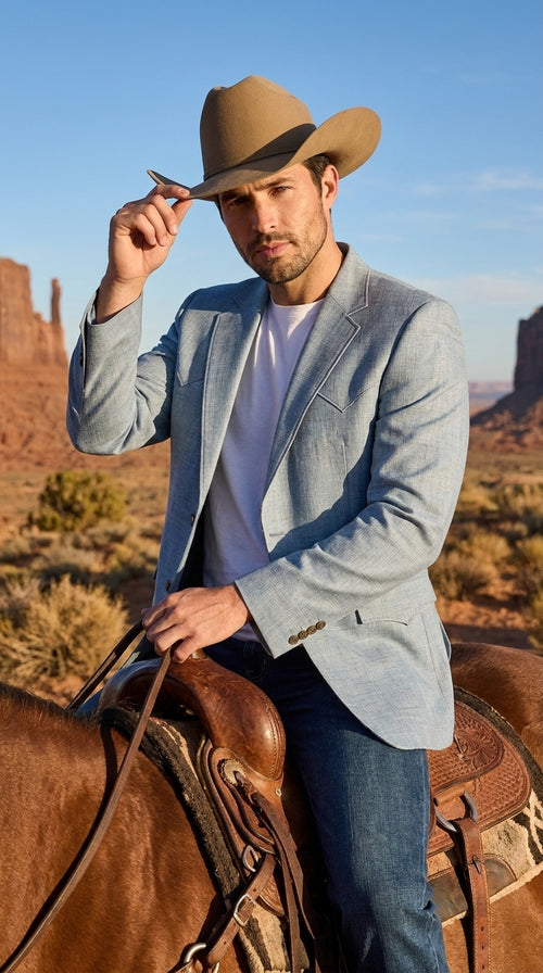 Mens Light Blue Western Blazer β Classic Cowboy Sport Coat with Western Yoke Design