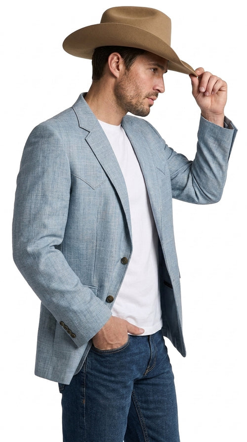 Mens Light Blue Western Blazer β Classic Cowboy Sport Coat with Western Yoke Design